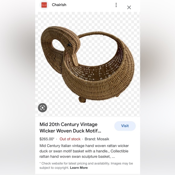 Mid 20th Century Vintage Wicker Woven Duck Motif Basket With Handle - Picture 7 of 7